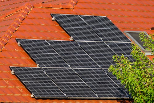 Close-up of Solar Panels on a Roof of a House 