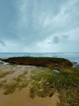 Calm seaside view of Boa Viagem Beach, Recife, under a cloudy sky.