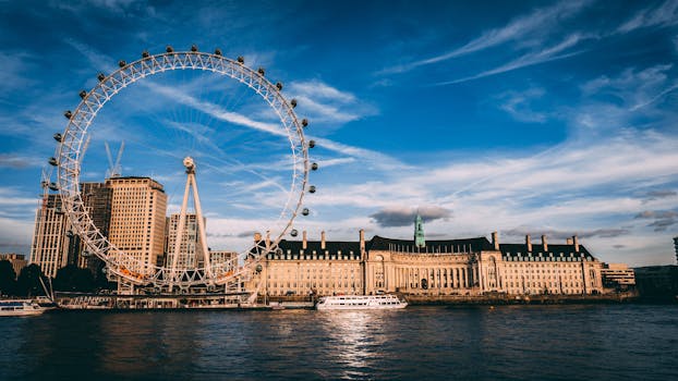 Stunning London cityscape featuring the London Eye ferris wheel by the River Thames. by Chait Goli