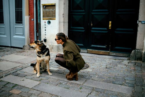 Woman Squatting near Dog on Sidewalk