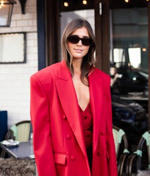 Portrait of a stylish woman in a vibrant red blazer and sunglasses on an urban street.
