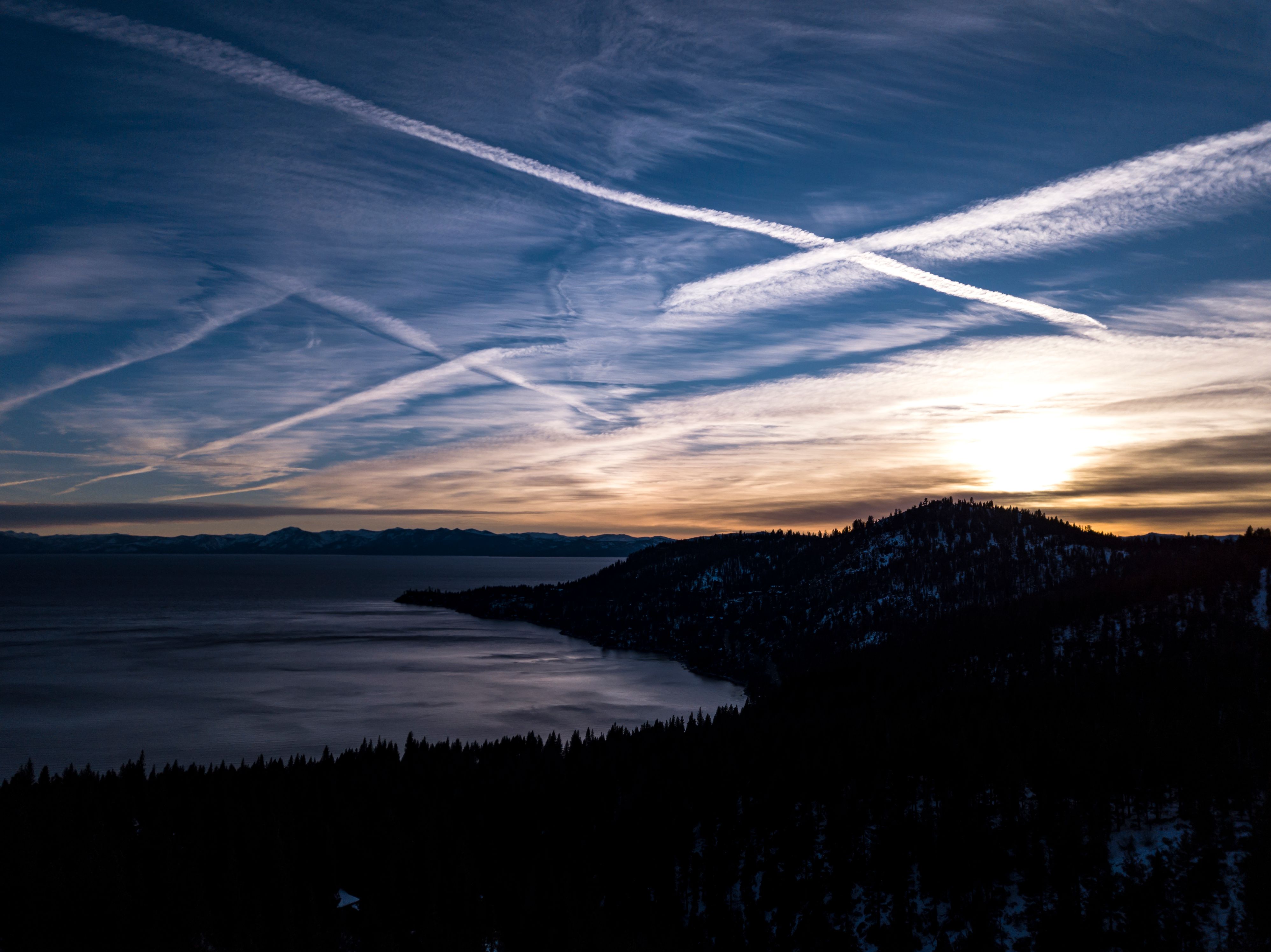 Sunset over Lake Tahoe, with silhouetted mountains around Incline Village, Nevada