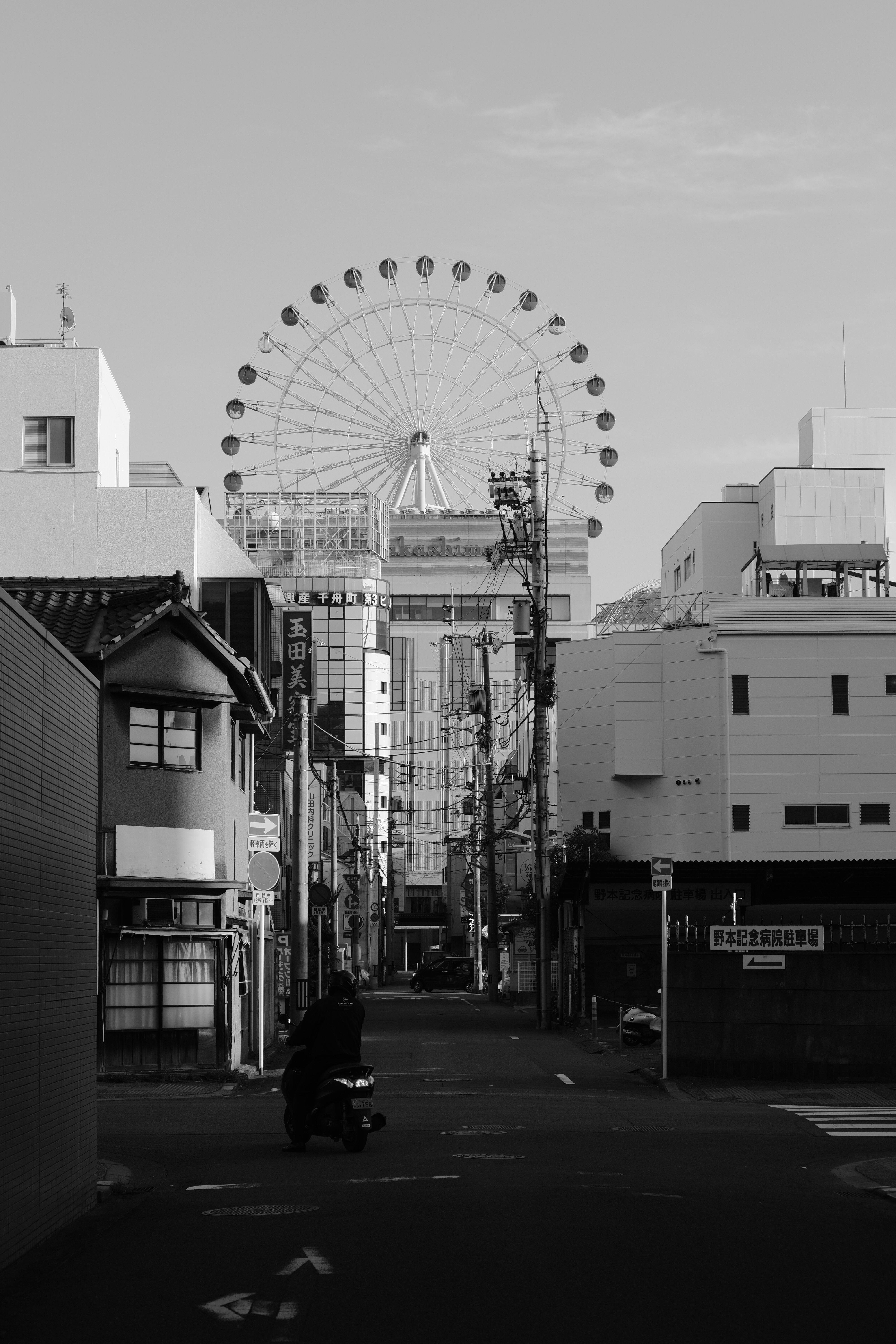 A black and white cityscape featuring a street view with a ferris wheel in the background.