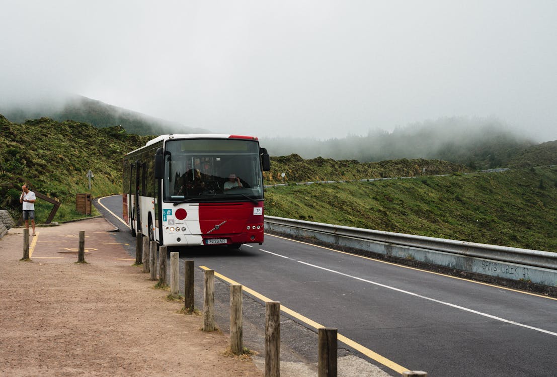 Bus on Road in Mountains