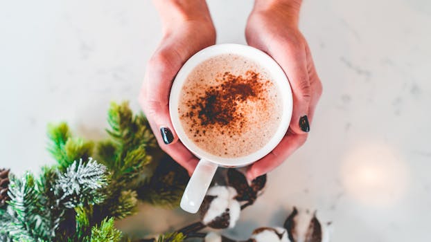 手里拿着一杯肉桂卡布奇诺，四周点缀着冬季主题的绿植