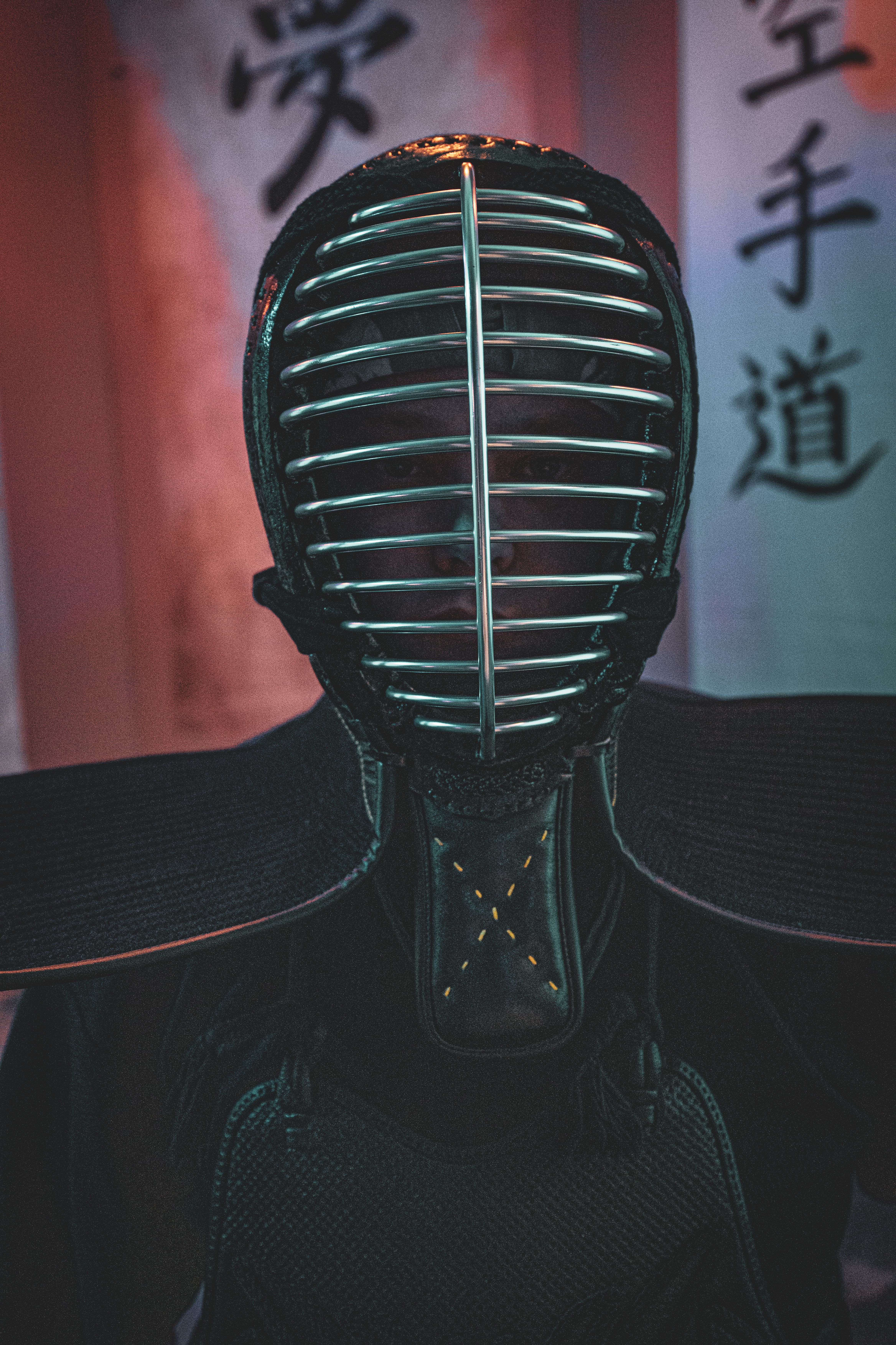 Close-up of a person in full kendo armor indoors with Japanese scrolls.