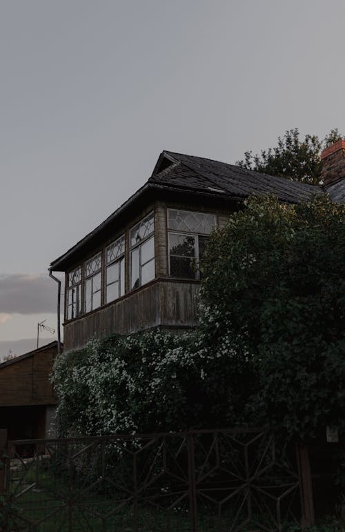 Flowering Bushes in front of a Wooden House