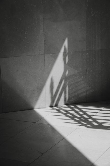 A black and white image showcasing a dramatic shadow cast on a stone wall, creating an abstract pattern.