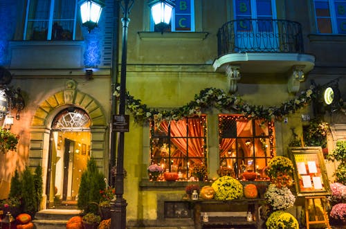 Fleurs Assorties à Côté De La Maison En Béton Brun Une Nuit