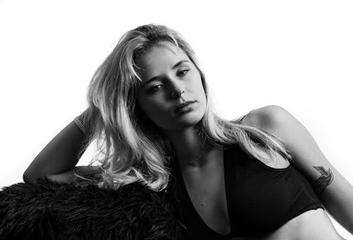 Blonde Woman in Top in Black and White