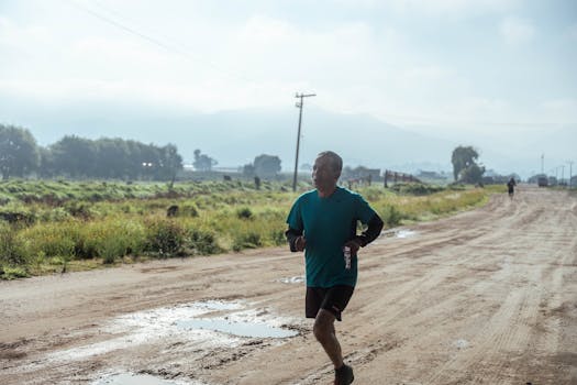 A middle-aged man running on a dirt road surrounded by fields, embracing fitness in a rural setting.