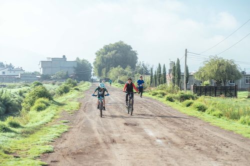 Free A group of cyclists enjoying a morning ride on a rural dirt road surrounded by greenery. Stock Photo