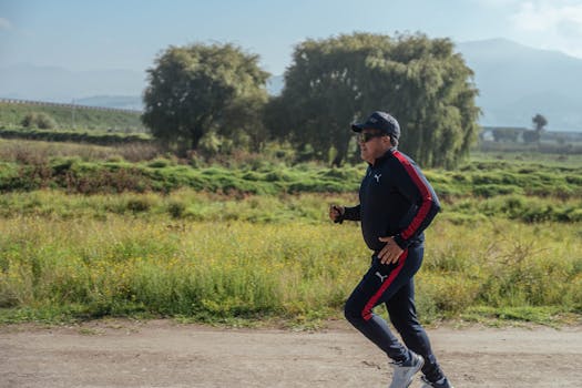 A man in sportswear jogging on a scenic rural path during the day.
