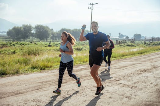 A group of runners enjoys a vibrant morning jog on a rural dirt road.