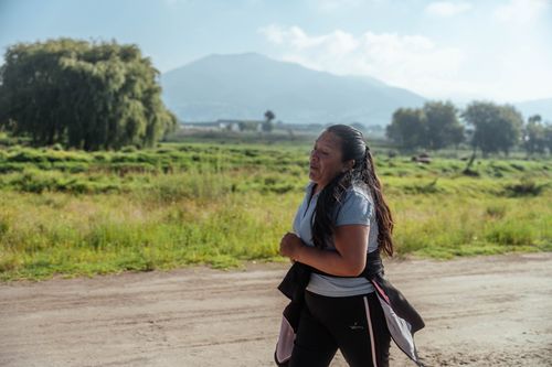 Free Woman with long hair walking along a dirt road in a rural landscape with mountains in the background. Stock Photo