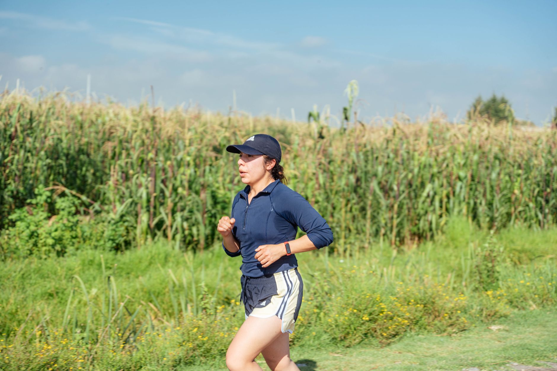 cellular energy guide — An adult woman jogging along a rural field path under a clear blue sky.