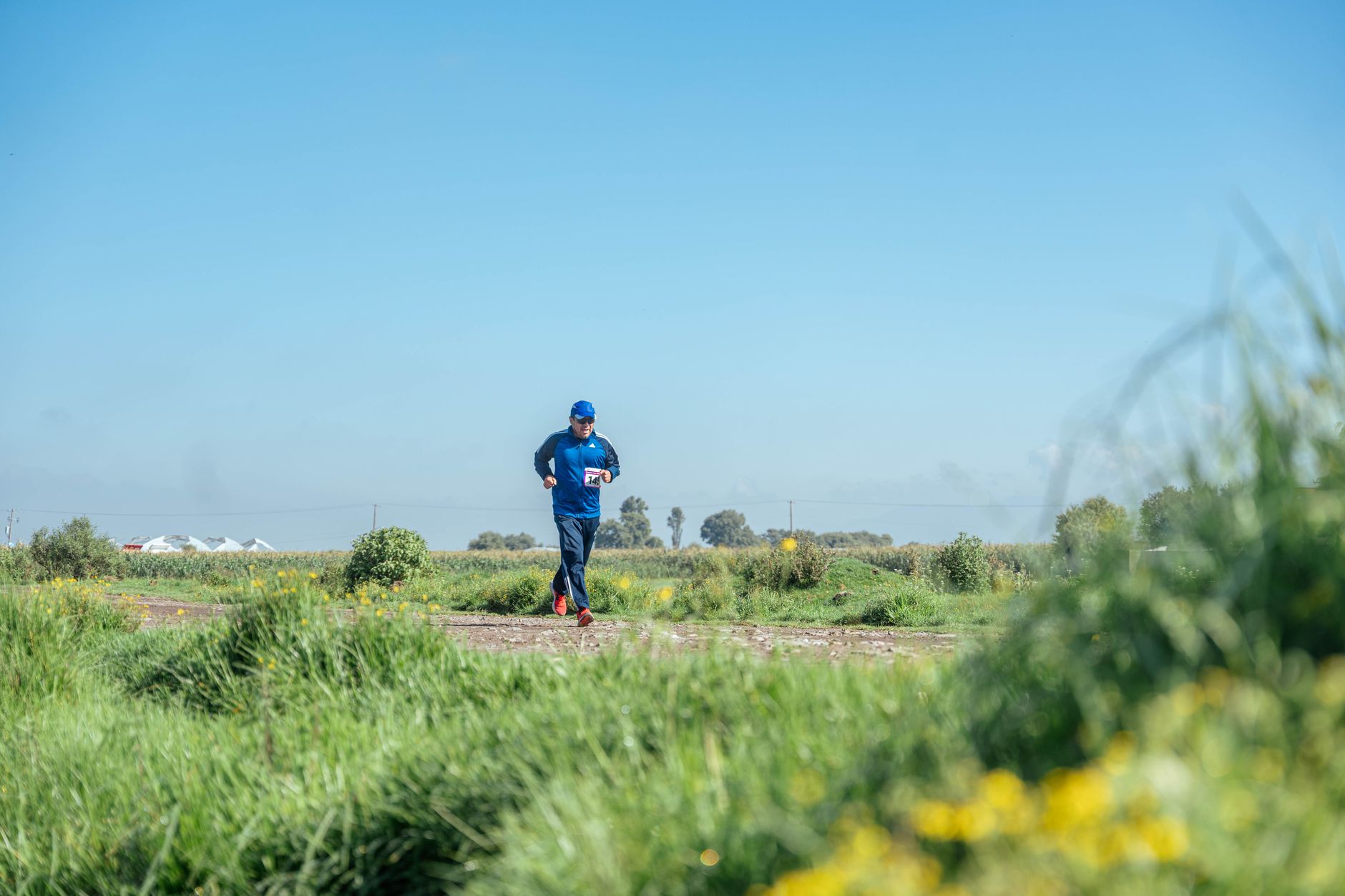 Adult male running on a grassy rural road surrounded by vivid greenery under a clear blue sky.
