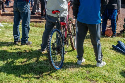 Free People at an outdoor event with a bicycle and basketball on grass. Stock Photo