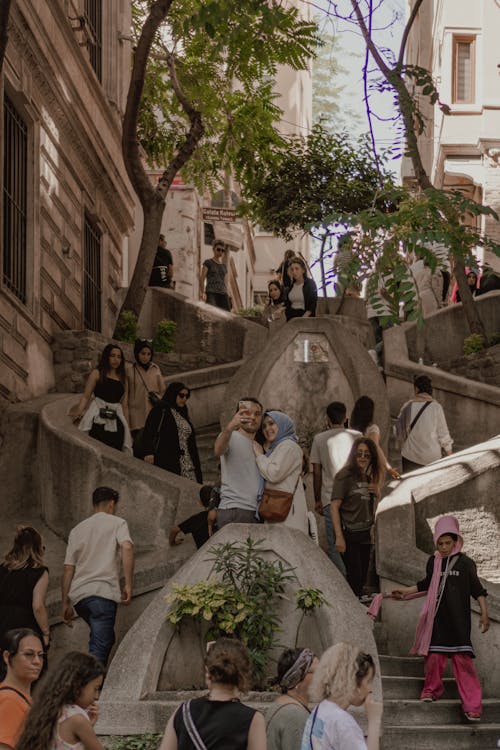 Tourists on Kamondo Stairs in Istanbul, Turkey 