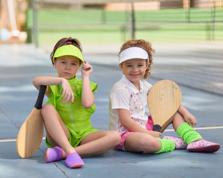 Two young girls sitting on a tennis court, smiling with wooden paddles.