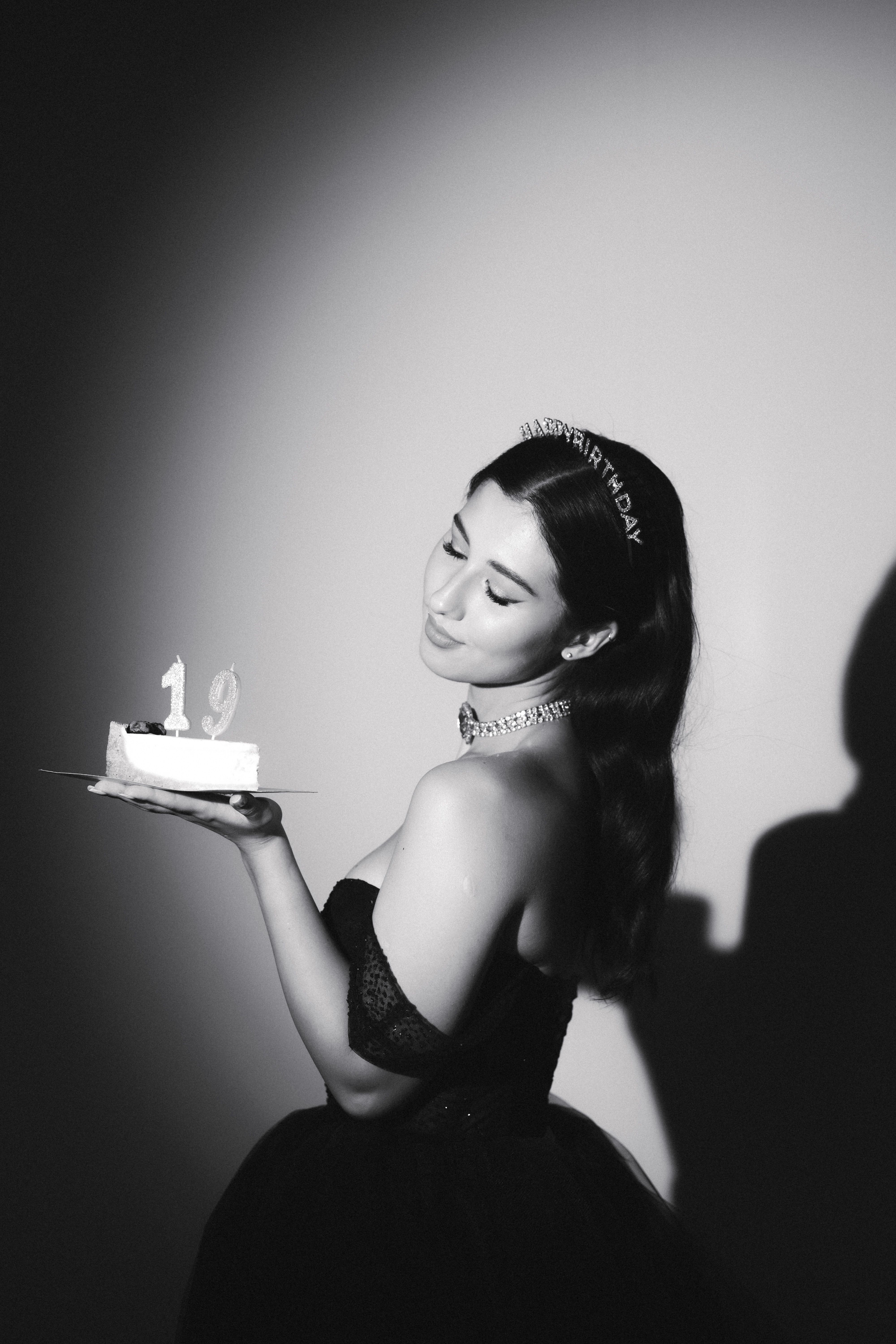 Young Woman in Dress and Crown with Birthday Cake in Studio  Free Stock  Photo