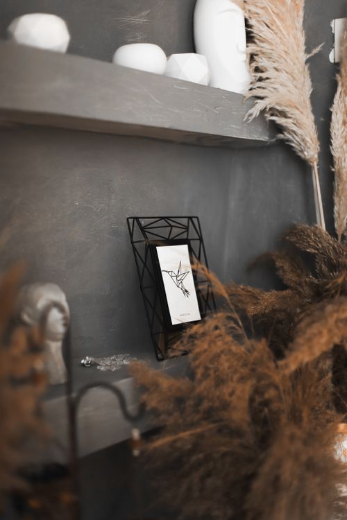 Free Modern interior design with minimalist decor featuring dried plants and a decorative frame on shelves. Stock Photo