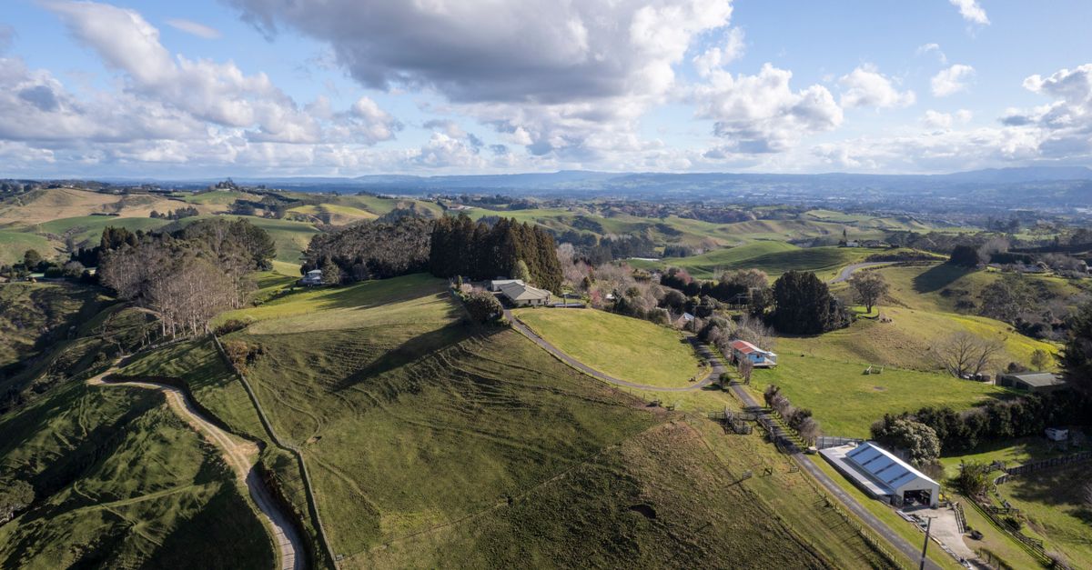 Aerial view showcasing lush farmland in Tauranga, Bay of Plenty, New Zealand under a clear sky.