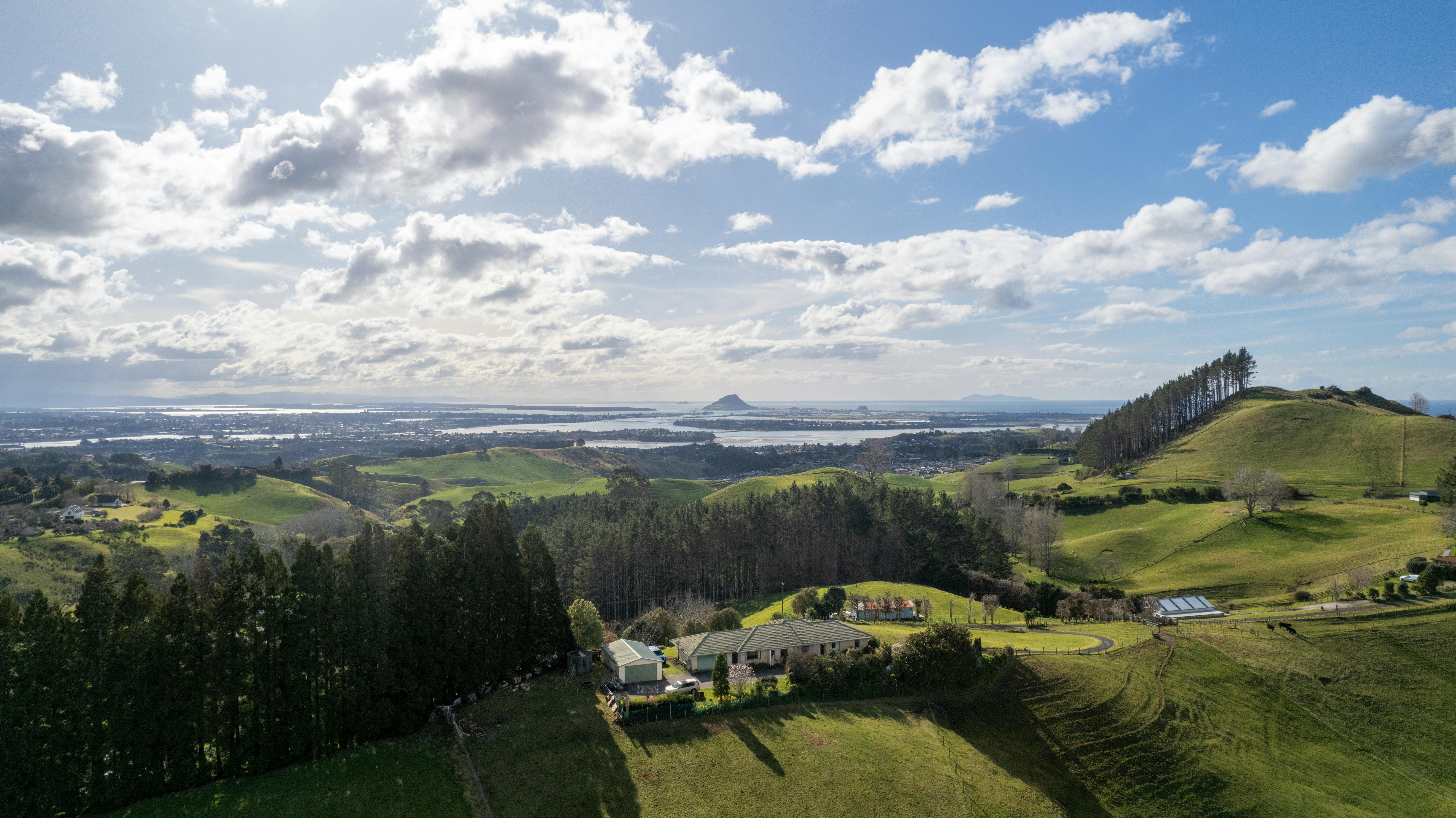 Beautiful aerial view of rolling hills and coastline in Tauranga, New Zealand.