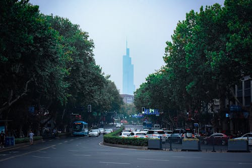Street in Nanjing with Skyscraper behind