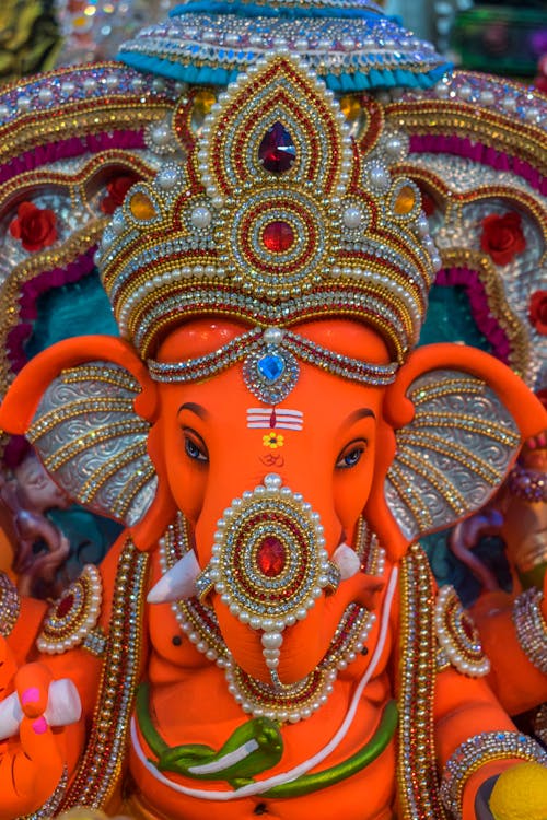A beautiful idol of Lord Ganpati on display at a workshop in Mumbai, India for the festival of Ganesh Chaturthi