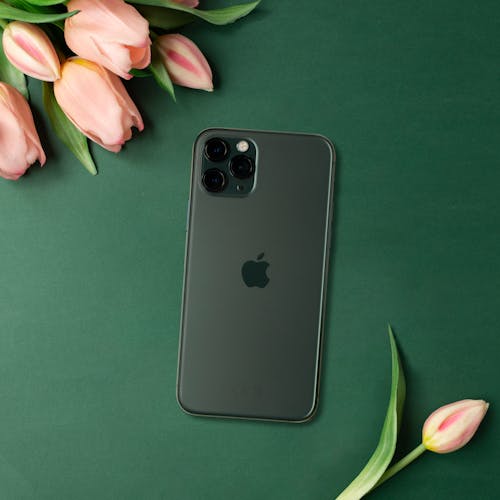 Top View of a Smart Phone and Pink Tulips against Dark Green Background