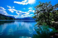 在斯洛文尼亚明亮的天空下，布莱德湖景色优美，湖水清澈湛蓝，四周绿植郁郁葱葱