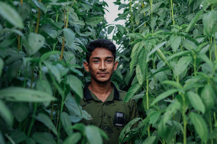 Man Standing Among Green Plants