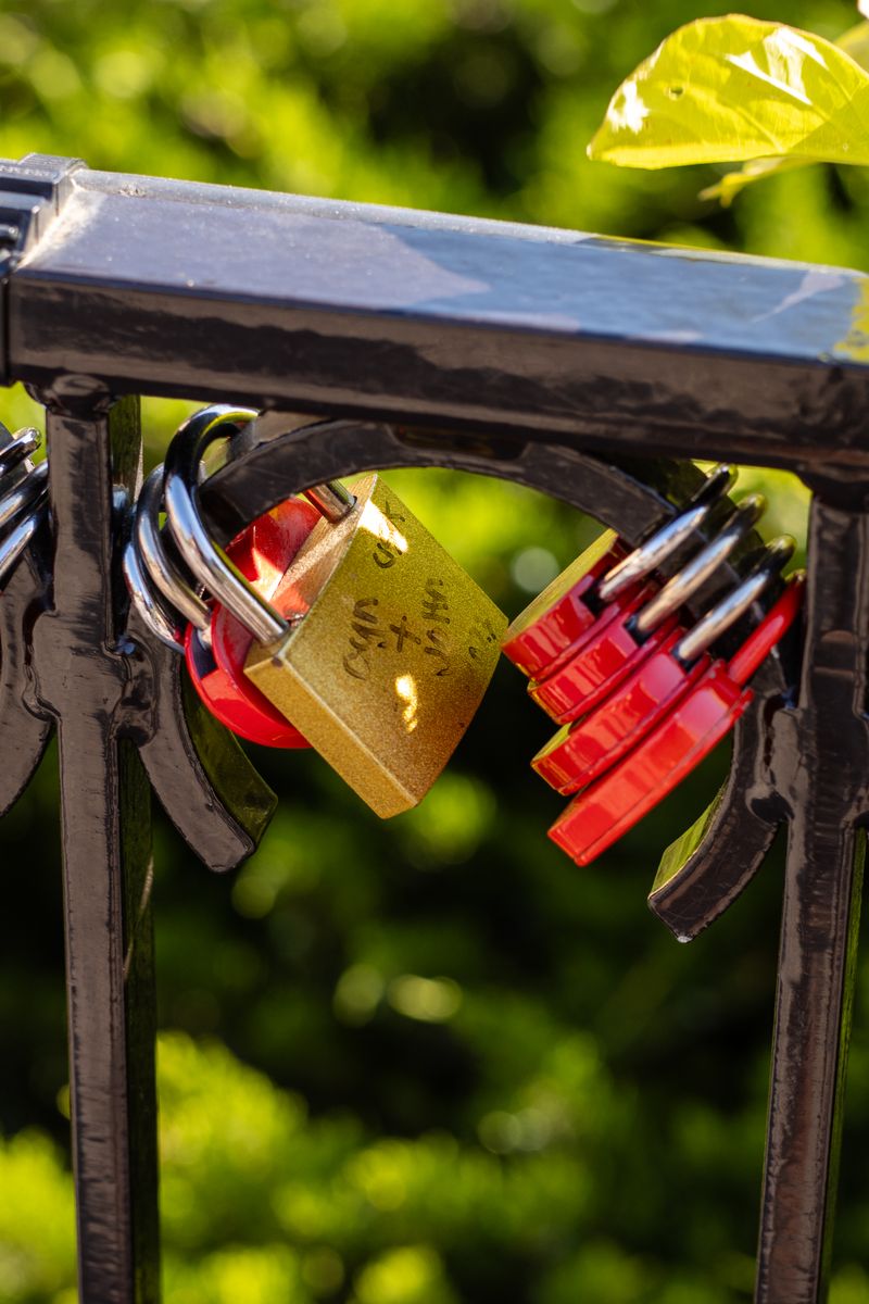 Heart-shaped love padlocks attached to a metal railing, symbolizing love and commitment, in bright sunlight.