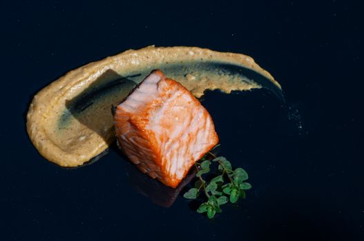 Close-up of a cooked salmon piece with mustard sauce garnish, perfect for fine dining themes.