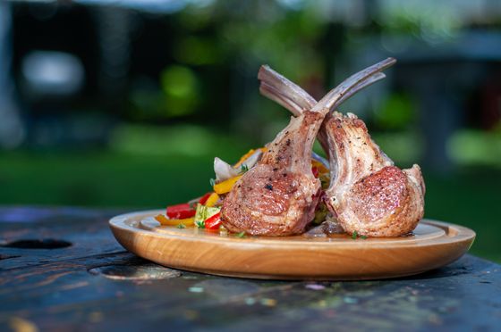Two seared lamb rack cutlets with crossed bones on a round wooden plate with pepper salad