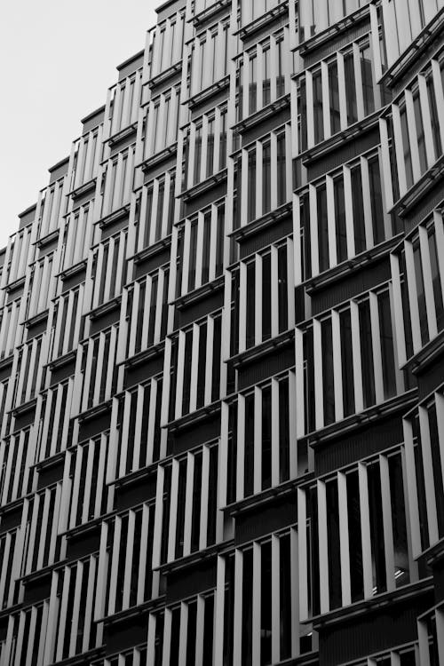 Black and white photo of a building with many windows