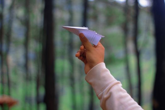 A child playing with a paper airplane in a lush forest, symbolizing creativity and fun.
