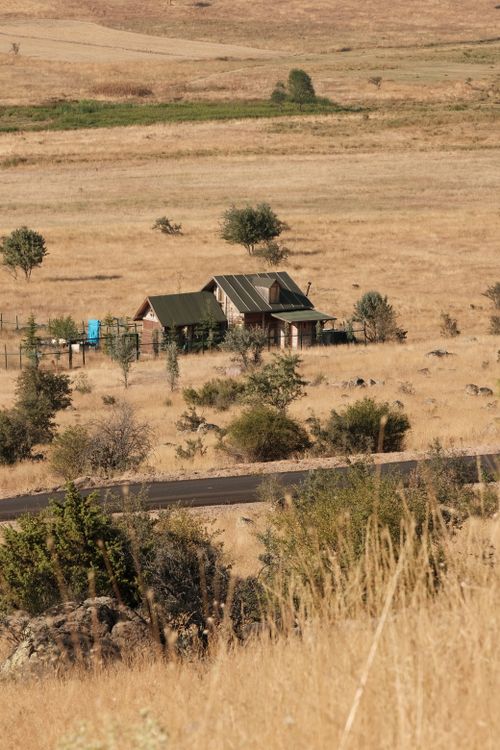 Ranch home among open grassland and scattered shrubs under a clear sky