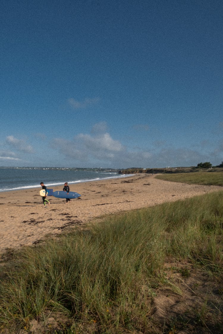 Surfers Walking With Surfboards On Beach