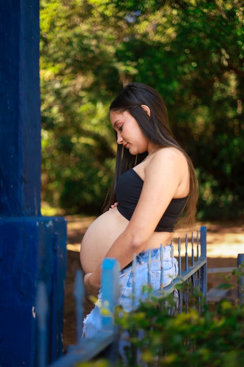 Pregnant Brunette Leaning on a Fence