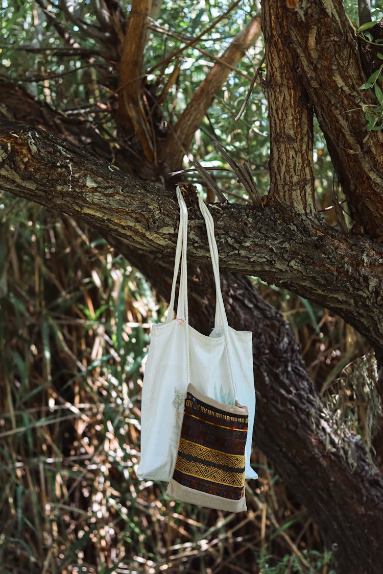 Cotton Bags Hanging On Branch