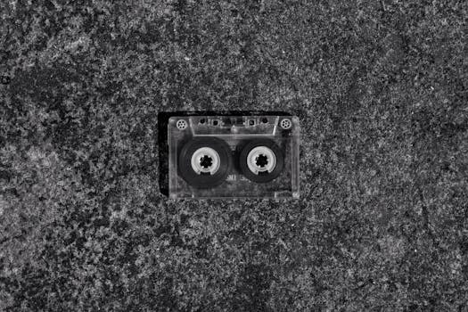 一张黑白照片里，一盘老式盒式磁带躺在纹理混凝土背景上