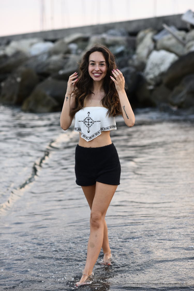 Smiling Woman Walking Alone The Beach