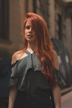 这是一幅展现现代风格的红发时尚女性肖像，摄于城市环境