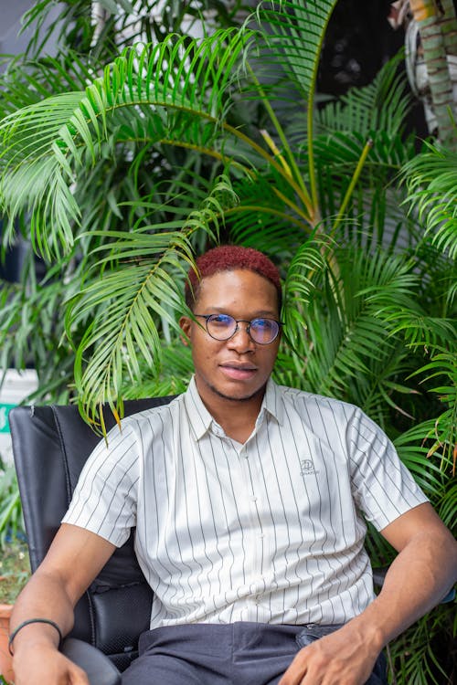 Man Sitting in Chair by Potted Palm