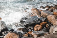 海浪冲击着岩石海岸，形成了一幅充满活力、风景优美的海景