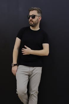Portrait of a fashionable man in sunglasses and black t-shirt, posing against a dark background.