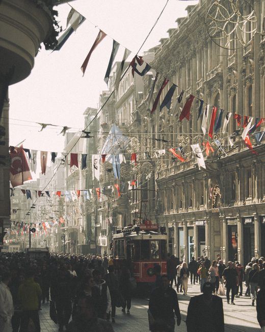 Charming view of a busy Istiklal Avenue with a classic tram in Istanbul.