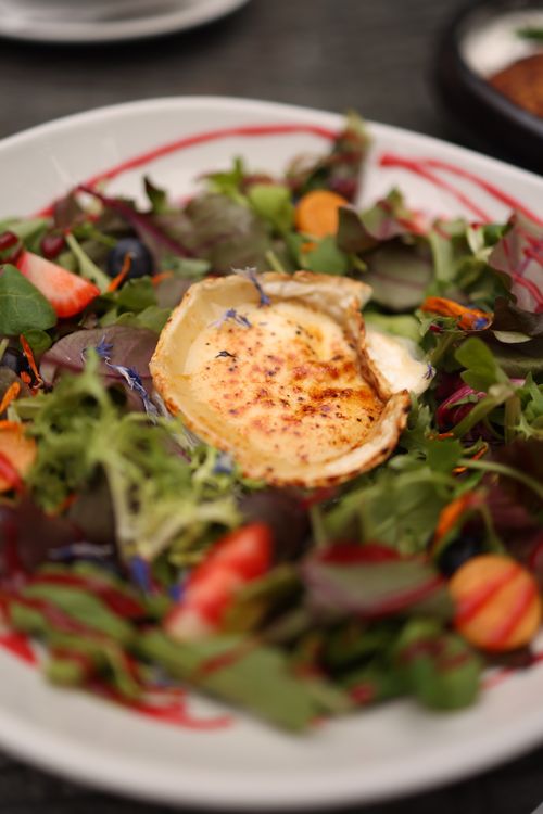 Free Close-up of a goat cheese salad on a white plate, featuring fresh greens, strawberries, and carrots. Stock Photo